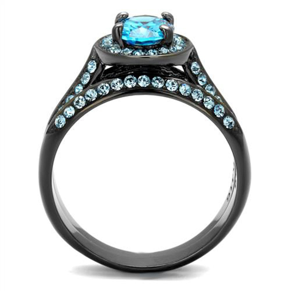 ARTK1W163LJ Gray Stainless Steel 2.65 Ct Sea Blue Cz Halo Wedding Ring Set Women's Size 5-10